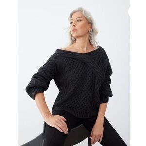NEW! GSTQ Wms Off The Shoulder Cable Knit Fine Wool Sweater Charcoal Size S $298